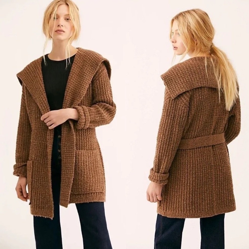Free People Taffy Brown Waffle Knit Belted Cardigan Sweater Wool Alpaca Medium